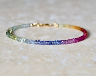 Colourful Gemstone Bracelet, Precious Stone Ombre Stacking Bracelet, Aquamarine Tourmaline Sapphire Tanzanite Rainbow, Multi Stone Gift