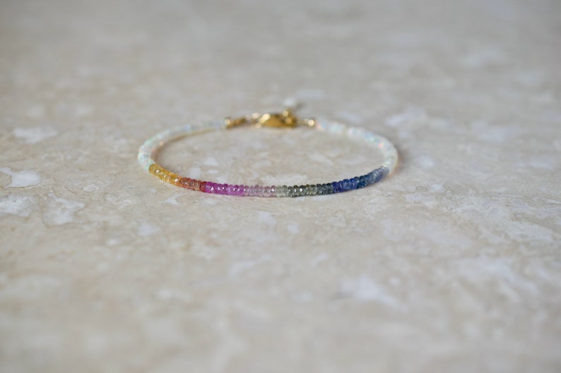Opal & Sapphire Beaded Bracelet, Colourful Multi Gemstone Stacking Bracelet, Rainbow Precious Stone Jewellery, Birthstone Bracelet Gift image 2