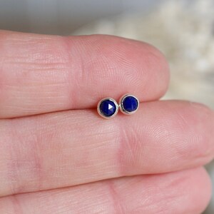 Lapis Lazuli Stud Earrings in Silver, 4mm Faceted Rose Cut Blue Gemstone Earrings, Birthday Gift Her image 7