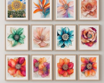Jeweled Floral Wall Art Bundle – 12 Printable Flower Prints | 3 Sizes Included (12x12, 10x10, 8x8) | Square Digital Art | Instant Download