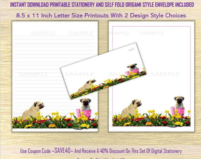 Pugs and Flowers 8.5 X 11 Inch Instant Download Printable Stationery ...