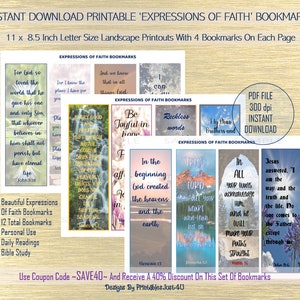 May include: A set of 12 printable bookmarks with inspirational quotes and bible verses. The bookmarks are designed in a landscape format and feature a variety of colors and images. The text on the bookmarks includes phrases like "Be Joyful in Hope", "Trust in the Lord", and "In All Your Ways Acknowledge Him".