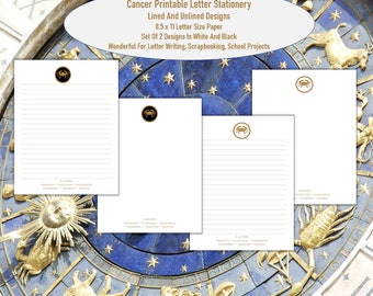 Cancer Zodiac Inspired Printable Letter Size Writing Stationery, Lined & Unlined, Set Of 2 Styles. Journaling, Scrapbooking, Arts, Crafts