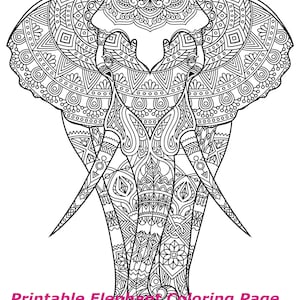 Könnte beinhalten: Eine schwarz-weiße druckbare Malvorlage mit einem Elefanten, der mit komplizierten Mandala-artigen Mustern über seinen ganzen Körper verziert ist.