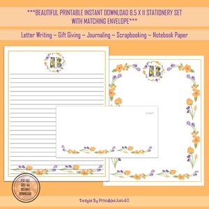 May include: Printable stationery set with a floral border and matching envelope. The set includes lined paper and a blank envelope. The paper is 8.5 x 11 inches and the design features a floral wreath with the letter "B" in the center.