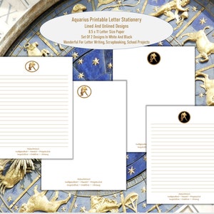 Papelaria de escrita tamanho carta inspirada no zodíaco de Aquário, com e sem linhas, conjunto de 2 estilos. Diário, Scrapbooking, Artes, Artesanato