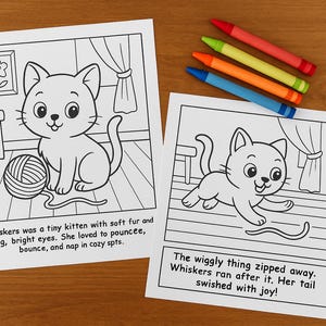 May include: Two black and white colouring pages featuring cartoon kittens, with colourful crayons. One kitten sits with yarn, the other runs. Text on the pages describes the kittens' playful activities.