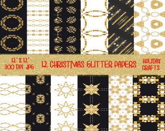 Printable Digital Papers ~ 12 Designs 12x12 Inch  Black and Gold ~ Scrapbook Papers ~ Greeting Cards ~ Gift Tags ~ Party Decorations