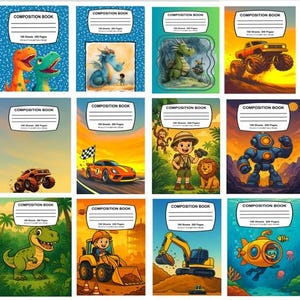 Peut inclure: Une collection de cahiers de composition avec des illustrations colorées. Les motifs comprennent des dinosaures, des dragons, une voiture de course, un monster truck, un robot, une scène de safari, un ouvrier du bâtiment, un sous-marin, etc. Chaque cahier porte l'inscription "COMPOSITION BOOK".