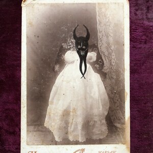Scary Girl Family Gothic 6 of 8 series - Original Art, Mixed Media Antique Photo Cabinet Card with Ink Illustration