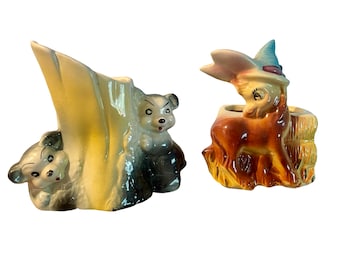 2 Mid Century Animal Planters Succulent Flower Pot Small Catch All Bears & Donkey