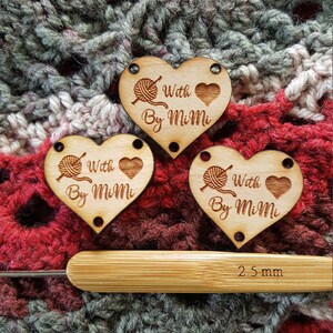 CUSTOM WOOD Laser Etched HEART tag, Personalized Etched Wooden garment tag, Laser etched tag for Crochet, Knitting, Sewing, garments