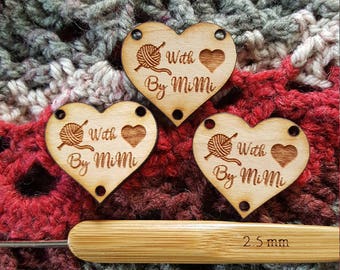 CUSTOM WOOD Laser Etched HEART tag, Personalized Etched Wooden garment tag, Laser etched tag for Crochet, Knitting, Sewing, garments