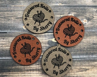 ROUND LEATHERETTE Laser Etched tag, Personalized Leatherette garment tag for Crocheted, Knitted, Sewed garments, Faux Leather