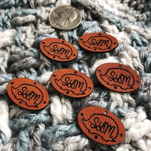 MINI OVAL Laser Etched Faux Leather tag, Personalized Leatherette garment tag for Crocheted, Knitted, Sewed garments