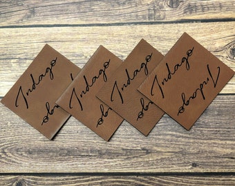 EXTRA wide BI-FOLD Laser Etched Faux Leather tag, Personalized Leatherette garment tag,for Crocheted, Knitted, Sewed garments