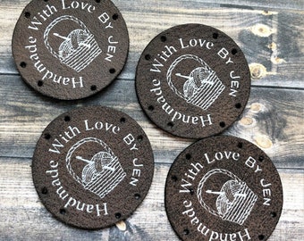 METALLIC Silver on Rustic Brown Leatherette ROUND, Laser Etched Faux Leather tag, Leatherette tag,for Crocheted, Knitted, Sewed garments