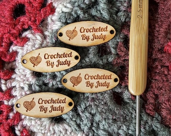 CUSTOM OVAL WOOD Laser Etched Tag, Personalized Etched Wooden garment Tag, Laser etched tag for Crochet, Knitting, Sewing, garments