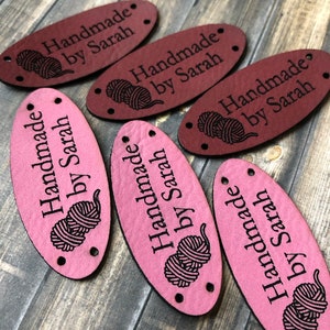 OVAL LEATHERETTE Laser Etched tag, Personalized Leatherette garment tag for Crocheted, Knitted, Sewed garments,