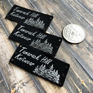 METALLIC Silver on Black Leatherette RECTANGLE Laser Etched tag, faux leather tag for Crocheted, Knitted, Sewed garments