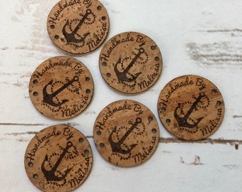 ROUND CORK Laser Etched tag, Personalized cork tag for Crocheted, Knitted, Sewed garments, faux leather