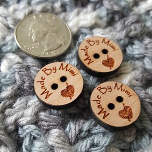 Mini WOOD BUTTON, Laser Etched BUTTON tag, Personalized Laser etched tag for Crochet, Knitting, Sewing, garments