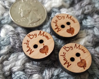 Mini WOOD BUTTON, Laser Etched BUTTON tag, Personalized Laser etched tag for Crochet, Knitting, Sewing, garments