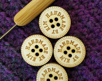 CUSTOM WOOD Laser Etched BUTTON tag, Personalized Etched Wooden garment button, Laser etched tag for Crochet, Knitting, Sewing, garments