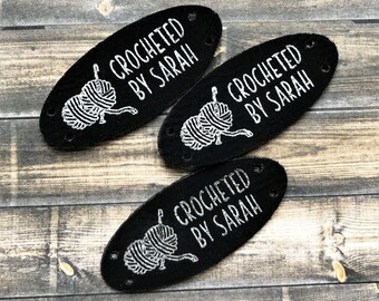 METALLIC SILVER on Black Leatherette Oval Laser Etched tag,  Leatherette garment tag for Crocheted, Knitted, Sewed garments, Custom Tag