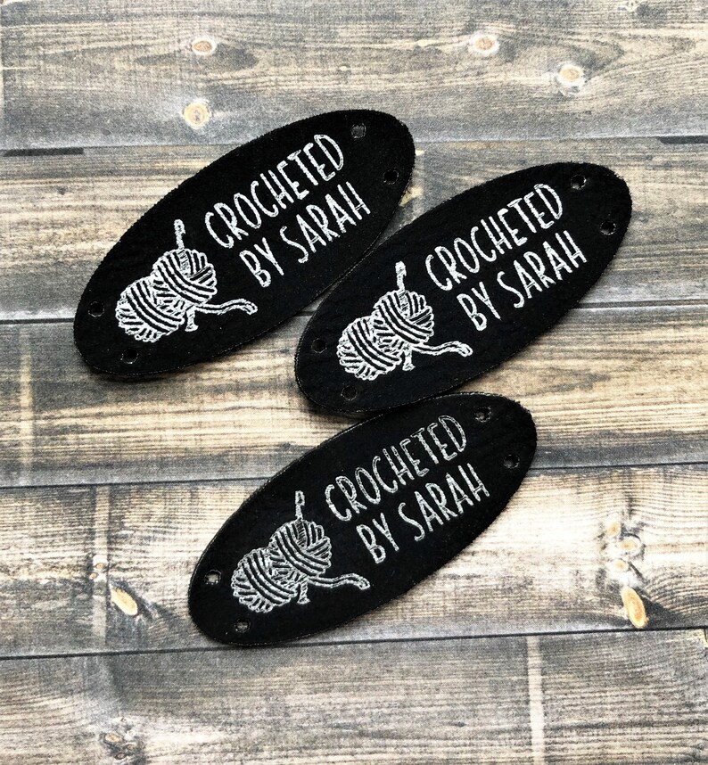 Sewed garments Leatherette garment tag for Crocheted METALLIC SILVER on Black Leatherette Oval Laser Etched tag Custom Tag Knitted