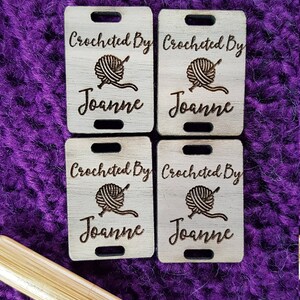 CUSTOM WOOD Laser Etched SQUARE tag, Personalized Etched Wooden garment tag, Laser etched tag for Crochet, Knitting, Sewing, garments