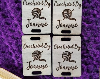 CUSTOM WOOD Laser Etched SQUARE tag, Personalized Etched Wooden garment tag, Laser etched tag for Crochet, Knitting, Sewing, garments