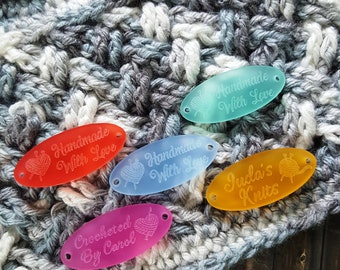 CUSTOM ACRYLIC Laser Etched Oval Tag, Laser Etched acrylic garment Tag, Laser etched acrylic tag for Crochet Knitting Weaving Sewing