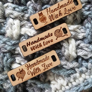 HANDMADE WITH LOVE Rectangular Wood Tag, Laser Etched Wooden garment Tag, Laser etched wood tag for Crochet Knitting Weaving Sewing