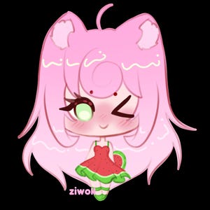 Può includere: Illustrazione digitale di un personaggio rosa con lunghi capelli, orecchie da gatto e un'espressione che ammicca. Il personaggio indossa un vestito di anguria rosso con finiture verdi. Lo sfondo è nero e il nome dell'artista, "ziwol", è in basso a sinistra.