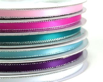 1/4" X 50 Yards Double Face Satin Ribbon with Metallic Silver Edge