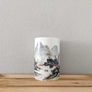 A Small Gorgeous Mountain View with Figurine Pot/ Chinese Antique/ Brush Pot/ Hand Painted