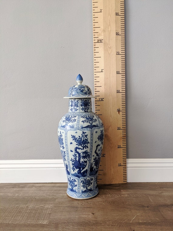 Blue & White Porcelain Tall Temple Jar & Cover Blue & White Porcelain Tall Temple Jar & Cover