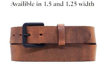 May include: A brown leather belt featuring a matte black rectangular buckle and a matching leather keeper loop. The belt has visible grain texture and pre-punched holes. Text above the belt states: Availible in 1.5 and 1.25 width.