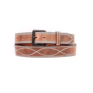 May include: A brown leather belt featuring a matte black metal buckle and vibrant turquoise stitching. The belt displays a repeating wave-like pattern along its length, with a matching turquoise stitched border and a single leather belt loop.