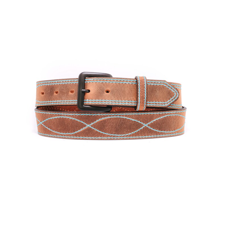 May include: A brown leather belt featuring a matte black metal buckle and vibrant turquoise stitching. The belt displays a repeating wave-like pattern along its length, with a matching turquoise stitched border and a single leather belt loop.