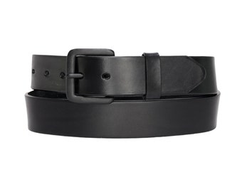 May include: A solid black belt featuring a smooth finish and a matching matte black rectangular buckle. The belt includes a single leather keeper loop and a series of pre-punched holes along the strap for adjustable sizing and secure fastening.