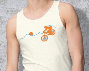Mountain Biker at Sunset Unisex Tank Top, Mountain Bike Gift, Bike Shirt, Cycling Gift, Mountain Bike Design, MTB Shirt, Enduro Clothing