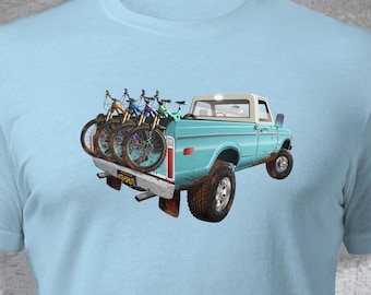 Short Sleeve Tee of Mountain Bikes in Pickup Truck, Mountain Bike Jersey, Gift for Mountain Biker, MTB Shirt, Mens Bike Shirt, Vintage Truck
