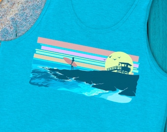 Surfer At Sunset Tank Top, Surfing Shirt, Gift for Surfer, Beach Tank Top, Surfer Guy, Colorful, Beachwear, Waves, Ocean Lover, Hang Ten