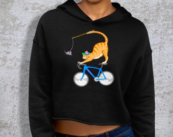 Cat Riding Bike Womens Crop Top Hoodie, Cat on Bike, Cycling Cat, Kitty on Bike, Biking Kitty, Hoodie with Cat, Crop Hoodie, Gift for Her