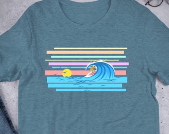 Surfare rider på våg unisex t-shirt, surfskjorta, present till surfare, strandskjorta, surfkonst, färgglad surfskjorta, strandkläder, Hang Ten, vintage