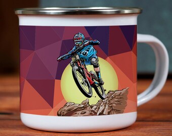 Mountainbiker-campingmugg, cykling i emalj, personlig emaljmugg, cyklingcamp-mugg, utomhus-emaljmugg, kopp, present till cyklist, utförsåkning