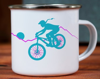 Mountainbike-mugg, emaljmugg, campingmugg för tjejer, emaljmugg för cykling, mugg med handtag, cykelcampmugg, MTB-mugg, barnmugg, present till cyklist