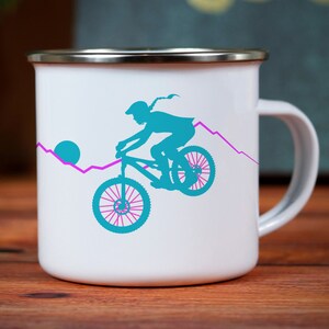 Mountain Bike Mug, Enamel Mug, Girl Camping Mug, Cycling Enamel Mug, Handle Mug, Biking Camp Mug, MTB Mug, Kids Mug, Gift For Biker